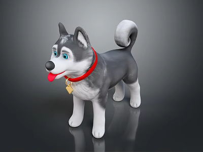 Adorable Cartoon Husky With Gray White Fur Red Collar Gold Bell Tongue Out Curly Tail 3d model