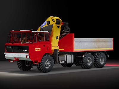 Red Utility Truck With Yellow Crane Arm Large Tires And Flatbed Design 3d model
