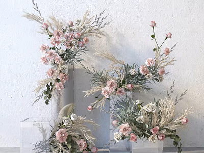 Transparent Glass Vase With Pink And White Flowers And Dried Grass On White Wall 3d model