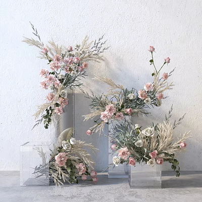 Transparent Glass Vase With Pink And White Flowers And Dried Grass On White Wall 3d model