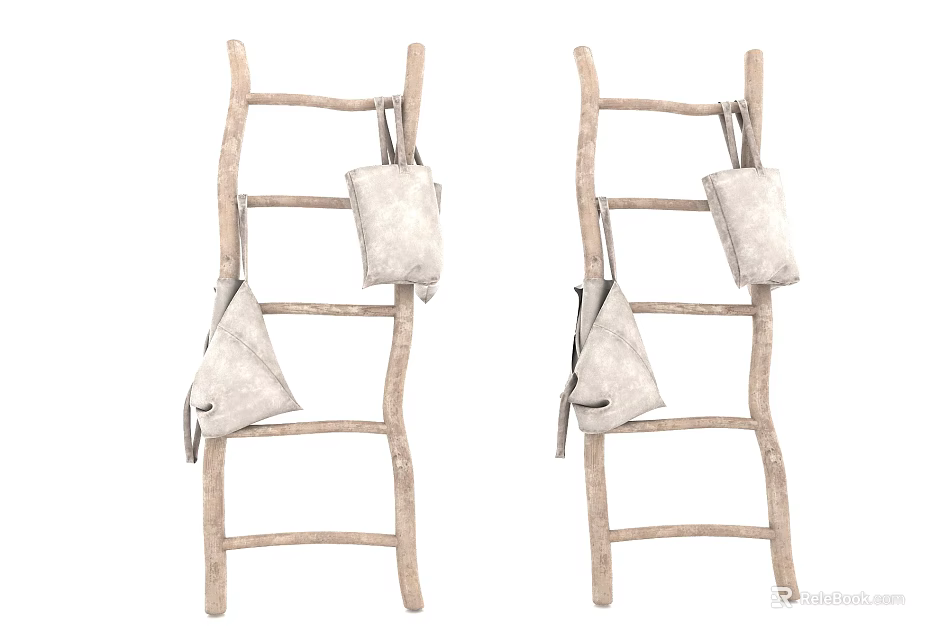 Rustic Wooden Ladders With Hanging Fabric Bags For Household Use 3d model 