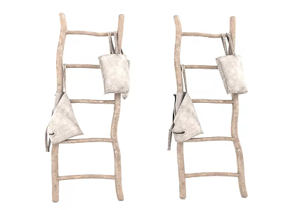 Rustic Wooden Ladders With Hanging Fabric Bags For Household Use 3d model