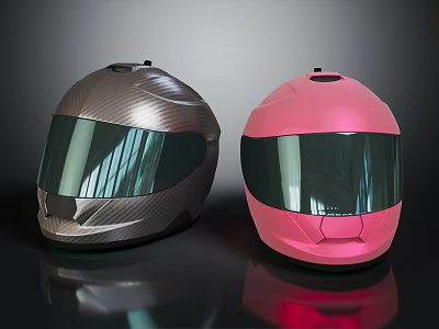 Modern Stylish Full Face Helmets Silver Carbon Fiber And Pink With Transparent Visors 3d model