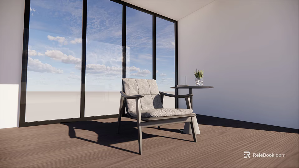 Leisure Chair By Large Windows With Blue Sky Wooden Floor And Side Table With Plant 3d model 