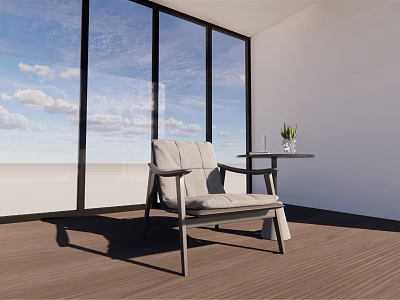 Leisure Chair By Large Windows With Blue Sky Wooden Floor And Side Table With Plant 3d model