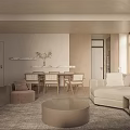 Modern Living Dining Room With Beige Sofa Round Coffee Table Floor Lamp And Potted Plant