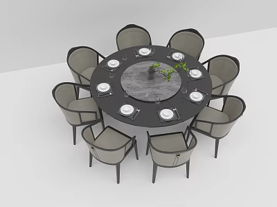 Modern Round Dining Table Set With Chairs Plates And Decorative Plants 3d model