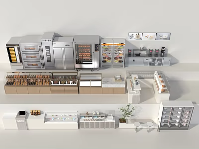 Modern Dessert Shop Interior With Pastry Display Cases Baking Equipment Counter And Seating Area 3d model