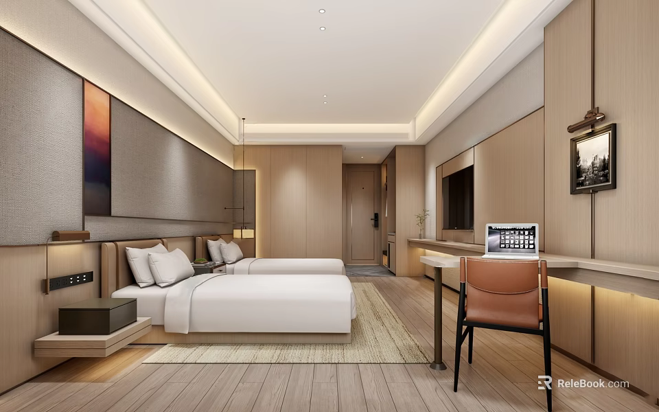 Modern Hotel Room With Twin Beds Wooden Elements Desk And Laptop Decor 3d model 