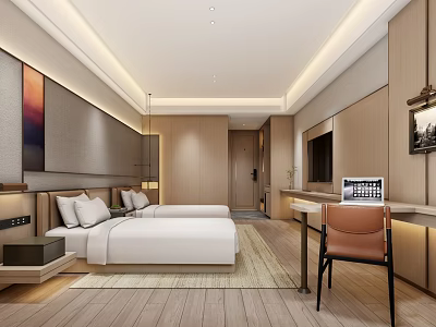 Modern Hotel Room With Twin Beds Wooden Elements Desk And Laptop Decor 3d model