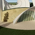 Modern Architectural Structure With White Curved Arches Geodesic Glass Dome Green Roof And Surrounding Trees