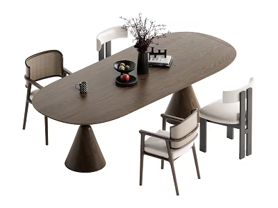 Modern Wooden Dining Table Set With Chairs Decorative Vase And Fruit Bowl 3d model