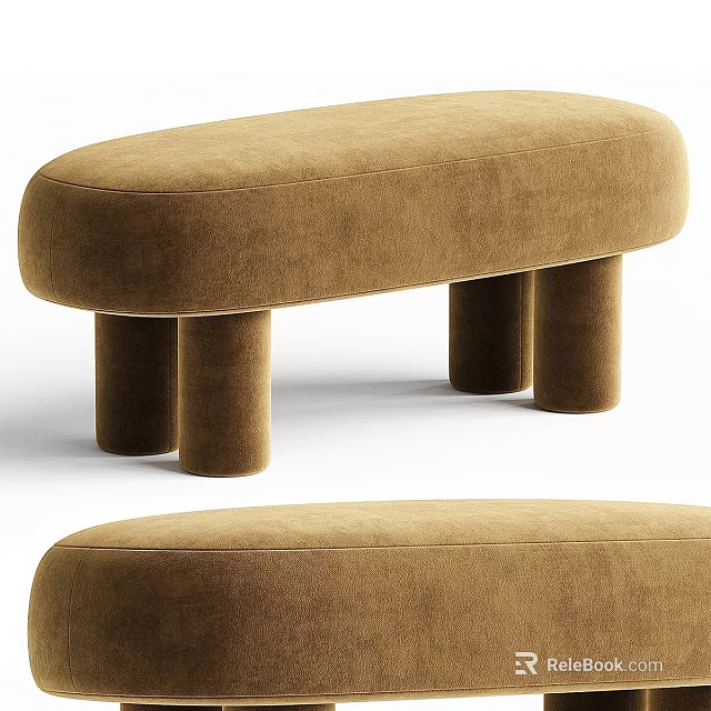 Modern Camel Velvet Upholstered Sofa Stool With Thick Cylindrical Legs For Elegant Home Decoration 3d model 
