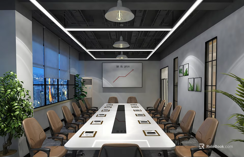 Modern Conference Room Interior With Long Table Chairs Projection Screen Chart Windows And Plants 3d model 