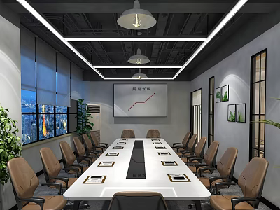 Modern Conference Room Interior With Long Table Chairs Projection Screen Chart Windows And Plants 3d model