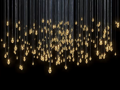 Cluster of Small Golden Chandeliers Hanging With Black Wires Against Dark Background 3d model