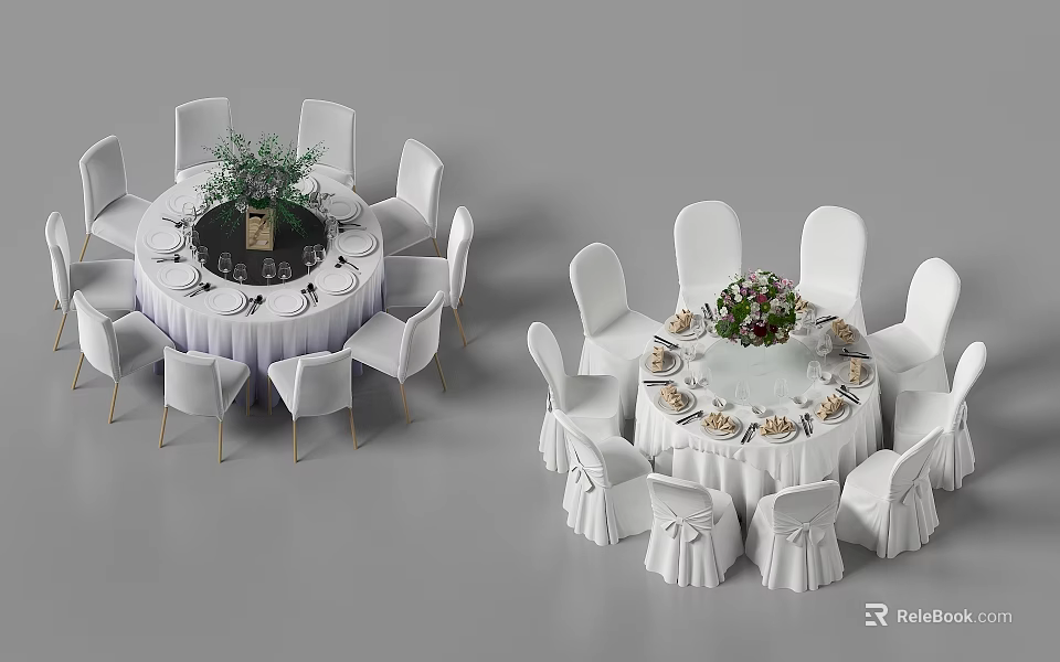Elegant Round Dining Table Set With White Chairs Tablecloths And Floral Centerpieces 3d model 