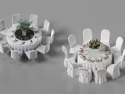 Elegant Round Dining Table Set With White Chairs Tablecloths And Floral Centerpieces 3d model
