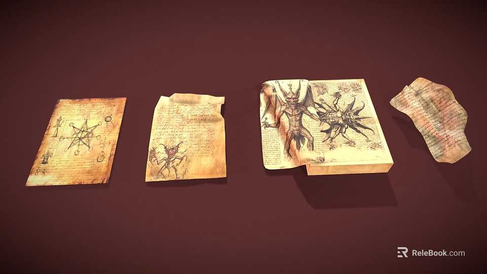 Vintage Occult Manuscripts With Mystical Symbols Demon Drawings And Star Sigils 3d model 