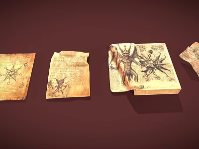 Vintage Occult Manuscripts With Mystical Symbols Demon Drawings And Star Sigils 3d model