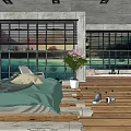 Industrial Hotel Guest Room With Concrete Walls Wooden Pallet Bed Green Bedspread And Large Windows