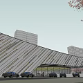 Modern Sales Office Building Exterior With Water Features Plaza And Surrounding High-Rise Buildings