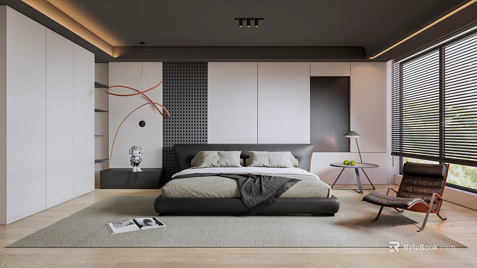 Modern Bedroom Interior Design With Platform Bed Accent Wall Soft Rug And Ceiling Lights 3d model