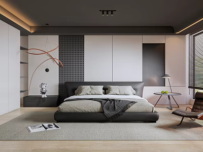 Modern Bedroom Interior Design With Platform Bed Accent Wall Soft Rug And Ceiling Lights 3d model