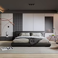 Modern Bedroom Interior Design With Platform Bed Accent Wall Soft Rug And Ceiling Lights 3d model