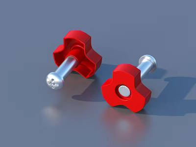 Red Star Shaped Knobs With Silver Metal Screws On Gray Surface 3d model