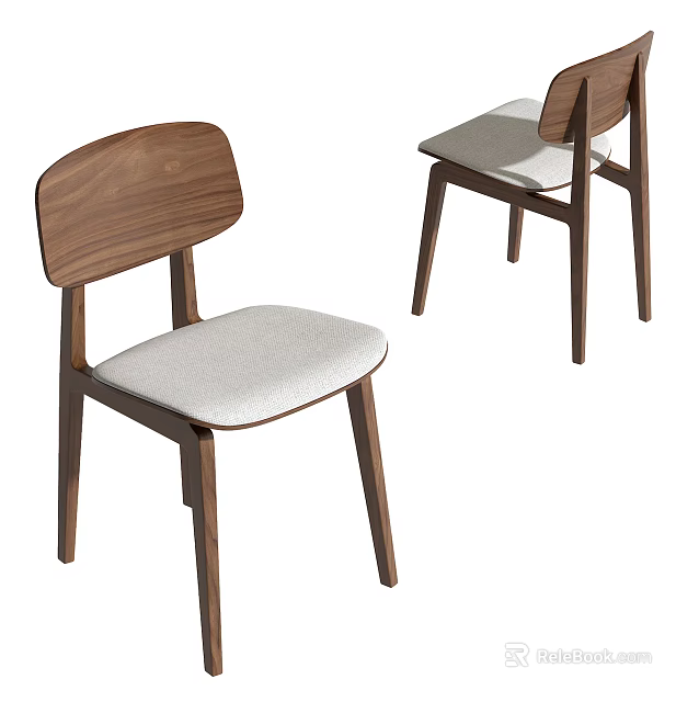 Modern Wooden Dining Chair With Walnut Frame And Light Gray Fabric Seat 3d model 