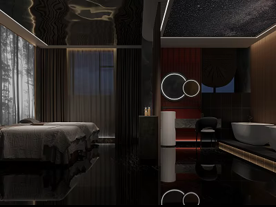 Serene Modern SPA Sauna Interior With Massage Bed Bathtub And Starry Ceiling 3d model