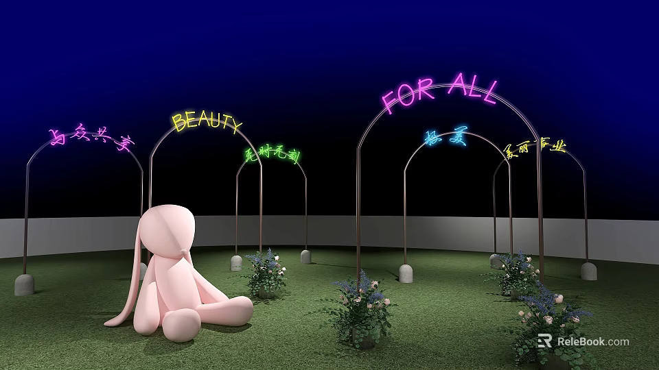 Enchanting Photo Spot With Pink Rabbit Neon Signs Green Lawn And Small Flower Bushes 3d model 