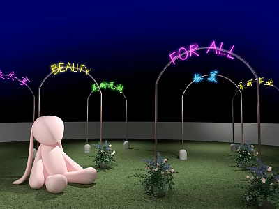 Enchanting Photo Spot With Pink Rabbit Neon Signs Green Lawn And Small Flower Bushes 3d model