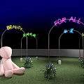 Enchanting Photo Spot With Pink Rabbit Neon Signs Green Lawn And Small Flower Bushes