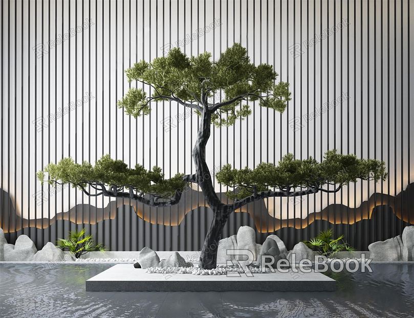 New Chinese style landscape sketch pine pine tree landscaping courtyard pine tree landscaping rockery sketch courtyard landscape courtyard background wall Zen sketch model