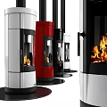 Modern White And Red Cylindrical Fireplace With Glass Door Burning Flames And Black Base