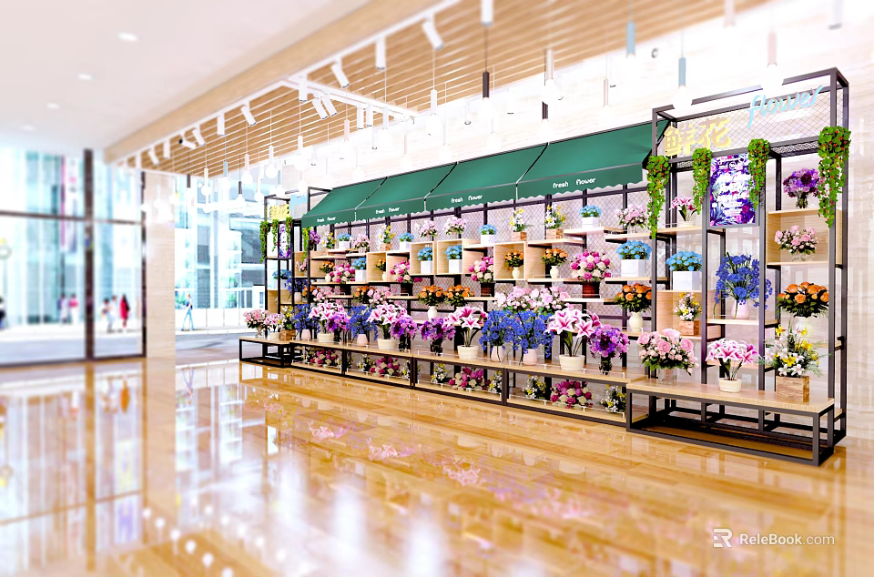 Garden Decor Display In Modern Flower Shop With Green Awning Colored Flowers Shelves Bright Lighting 3d model 