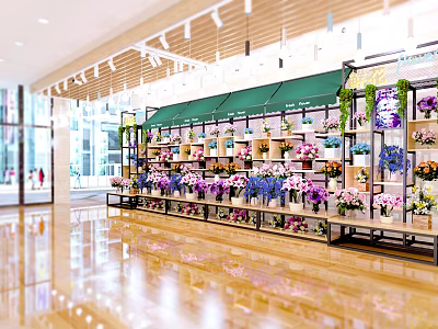Garden Decor Display In Modern Flower Shop With Green Awning Colored Flowers Shelves Bright Lighting 3d model