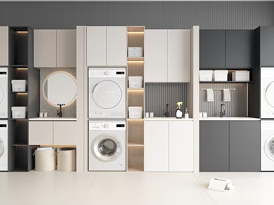 Modern Bathroom Cabinet Rack With Integrated Washing Machine Storage Shelves Round Mirror And Cabinets 3d model