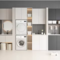 Modern Bathroom Cabinet Rack With Integrated Washing Machine Storage Shelves Round Mirror And Cabinets