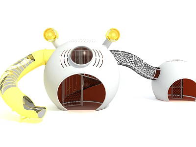 Playground Equipment With White Spherical Structures Yellow Curved Tubes Netted Passages And Staircase Entrances 3d model
