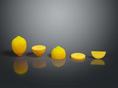 Fresh Lemons Displayed As Whole Half Sliced And Small With Reflections On Gray Surface 3d model