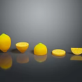 Fresh Lemons Displayed As Whole Half Sliced And Small With Reflections On Gray Surface