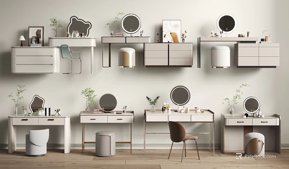 Modern Stylish Dressing Tables With Mirrors Plants Stools And Cabinets Arrangement 3d model 