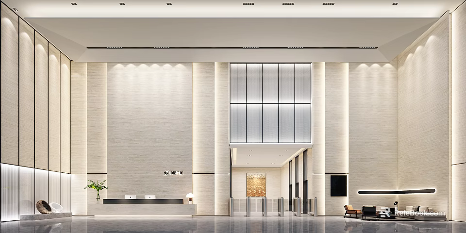 Modern Reception Desk Area With Elegant Marble Walls And Ambient Lighting Design 3d model 