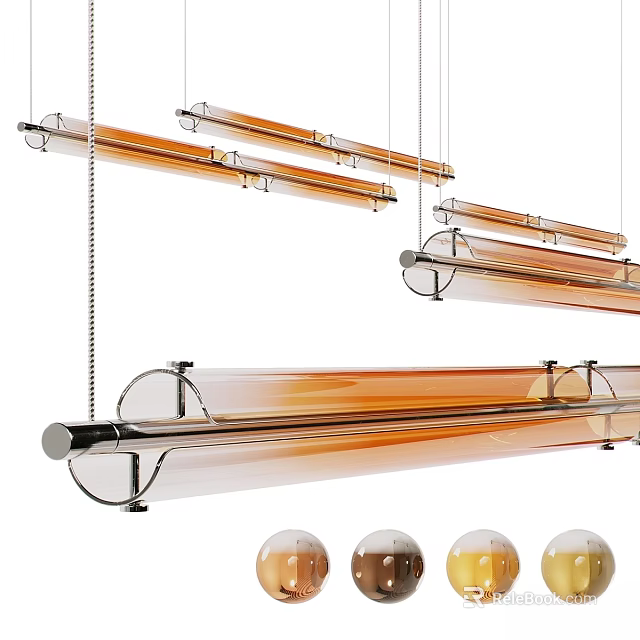 Modern Interior Design Featuring Long Cylindrical Amber Glass Pendant Lights With Metal Frames 3d model 