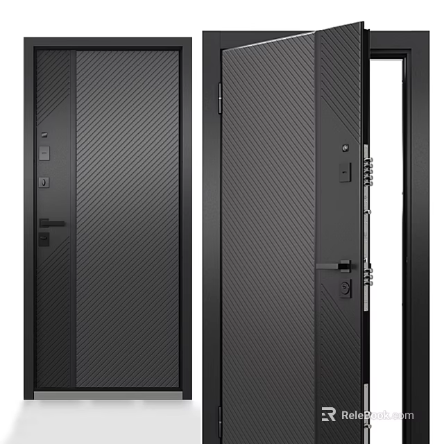 Black Modern Security Door With Diagonal Striped Texture And Secure Lock Mechanism 3d model
