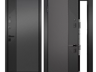 Black Modern Security Door With Diagonal Striped Texture And Secure Lock Mechanism 3d model