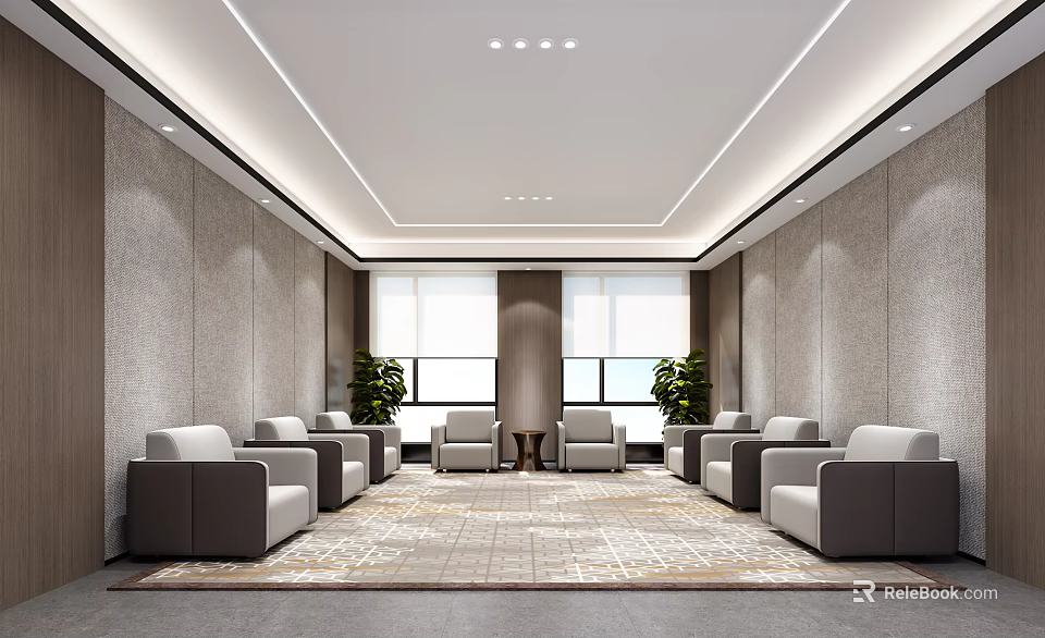 Modern Conference Room Interior With Grey White Sofas Carpet Windows And Plants 3d model